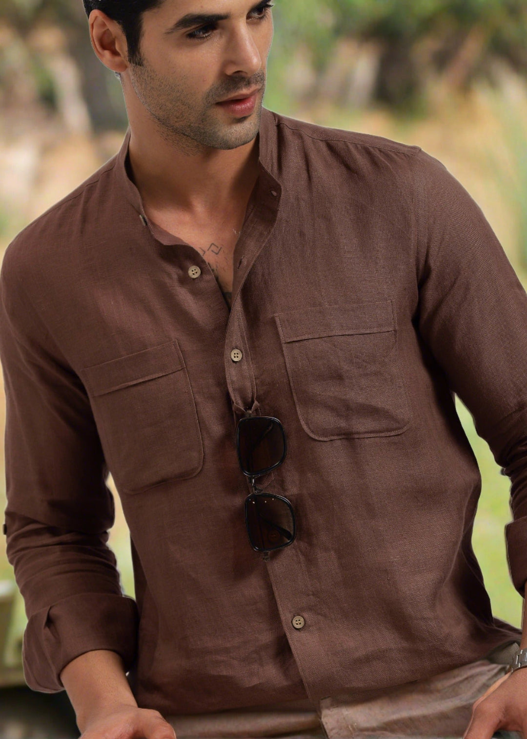 Luca - Pure Linen Double Pocket Full Sleeve Shirt - Coffee Brown