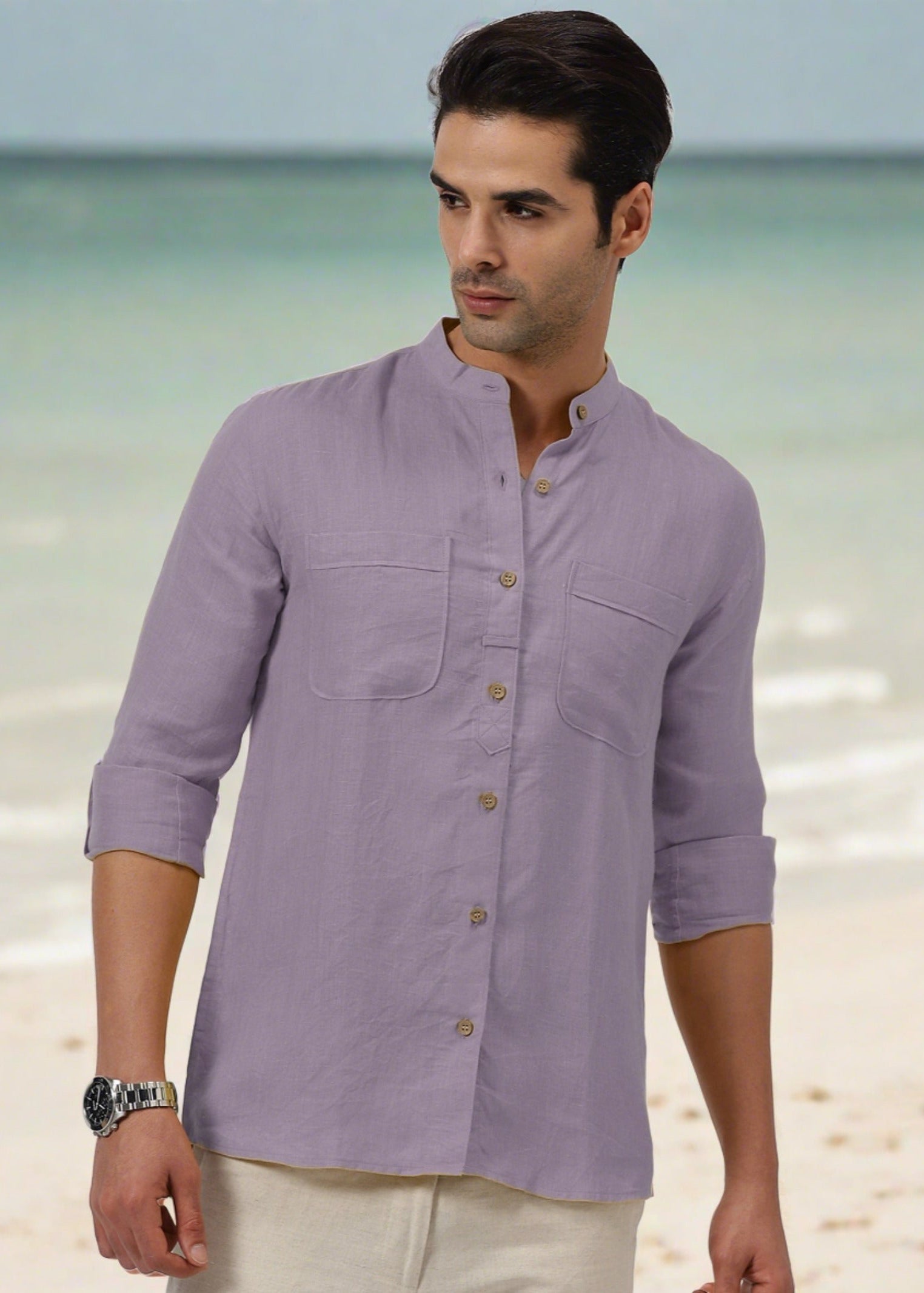Double Pocket Mandarin Collar Pure Linen Full Sleeve Shirt for Men