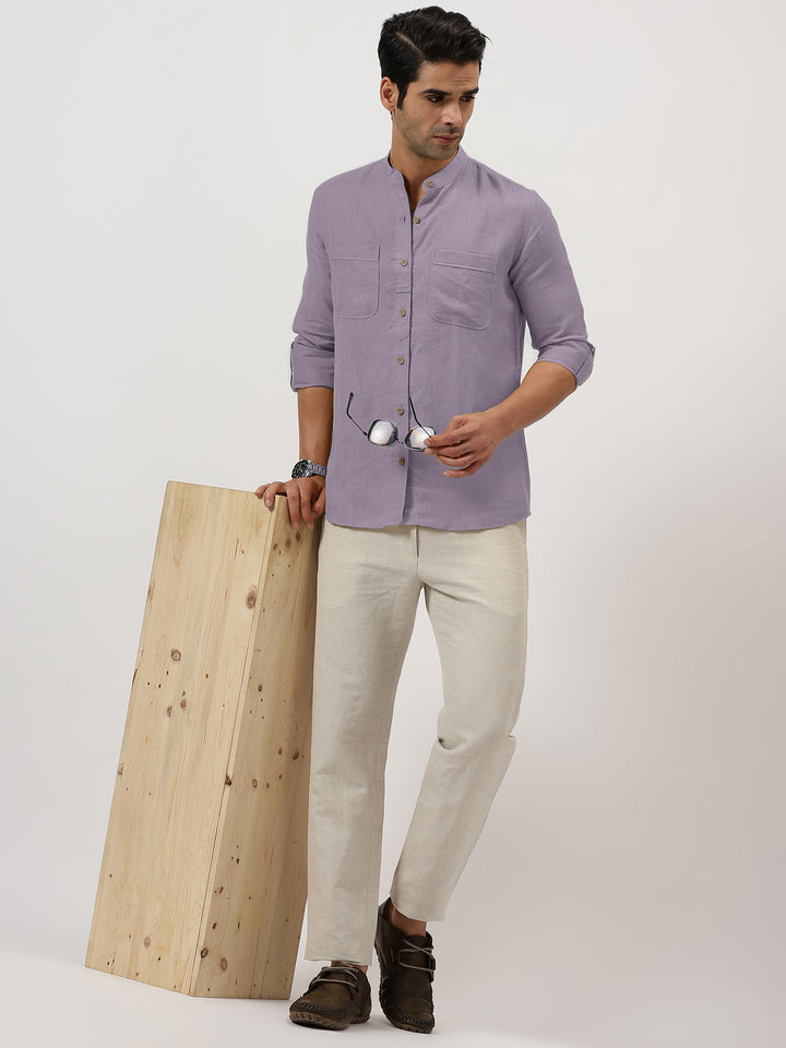 Luca - Pure Linen Double Pocket Full Sleeve Shirt - Misty Lilac