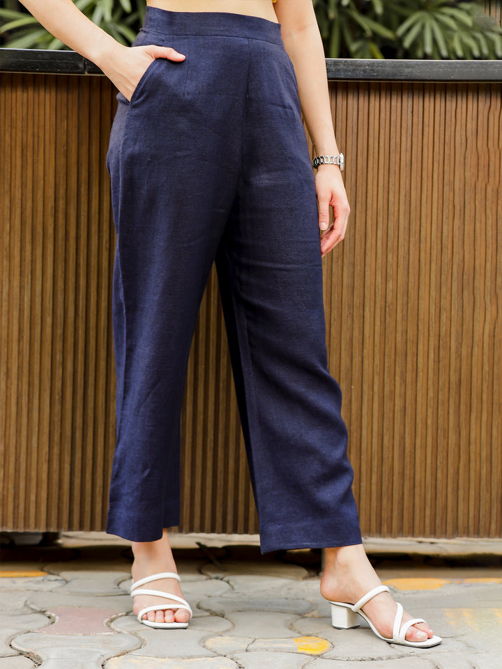 Luna - Ankle Length Pure Linen Trousers - Navy Blue