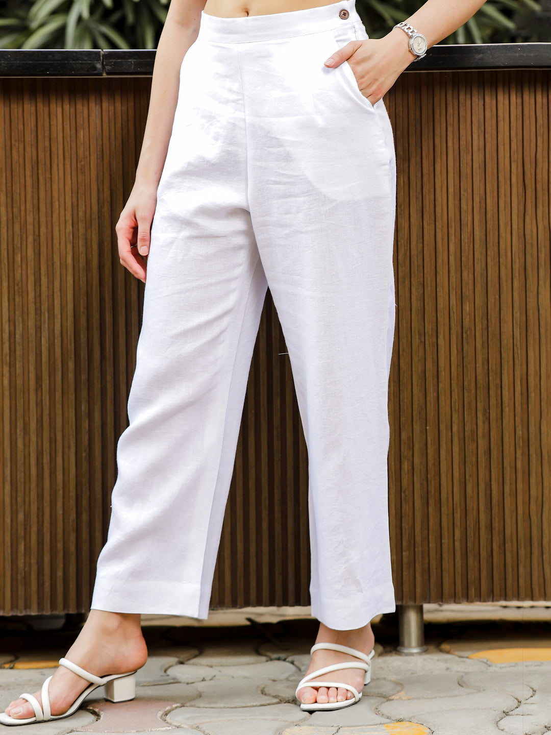 Luna - Ankle Length Pure Linen Trousers - White