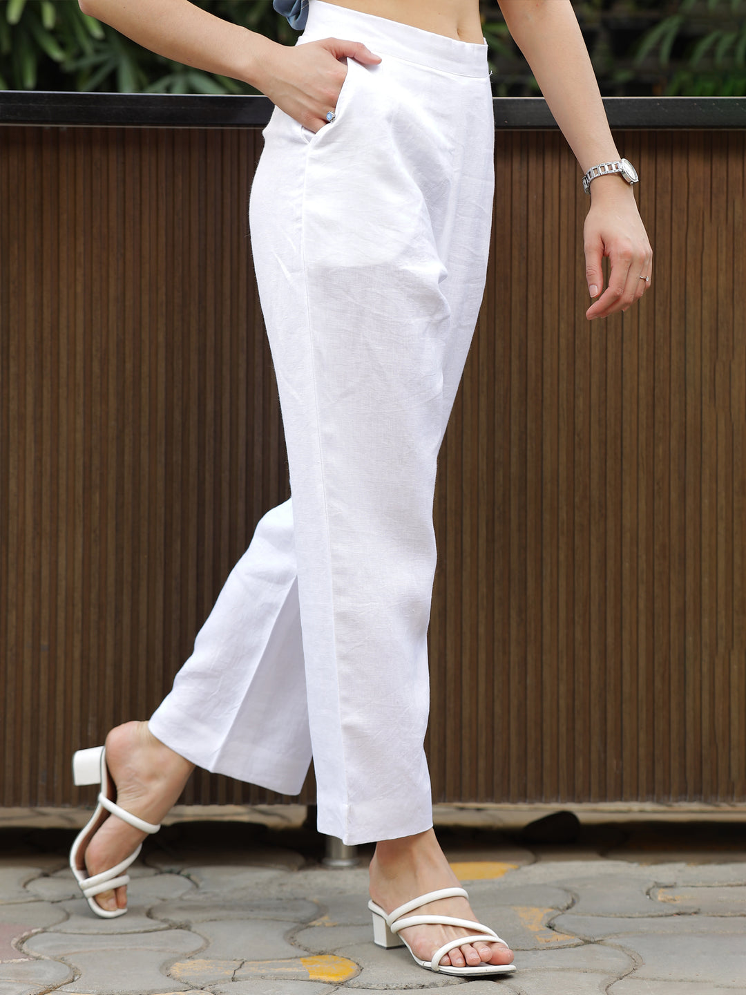Luna - Ankle Length Pure Linen Trousers - White