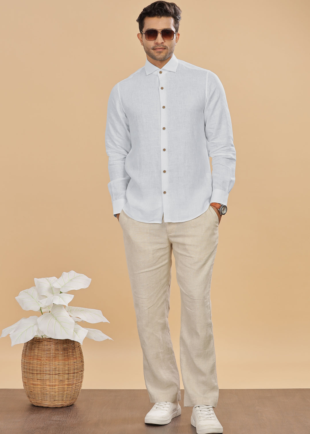 Monarc - Pure Linen Spread Collar Full Sleeve Shirt - Light Grey