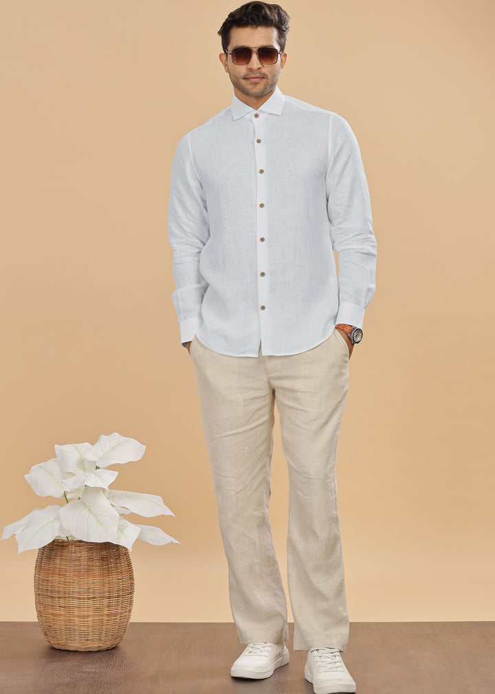 Monarc - Pure Linen Spread Collar Full Sleeve Shirt - Light Grey