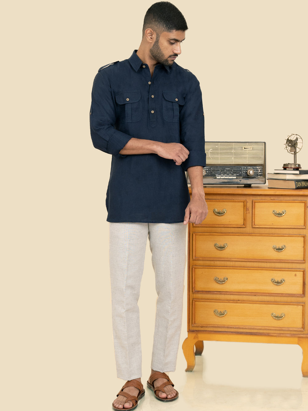 Michael - Full Sleeve Double Pocket Pure Linen Kurta - Dark Blue