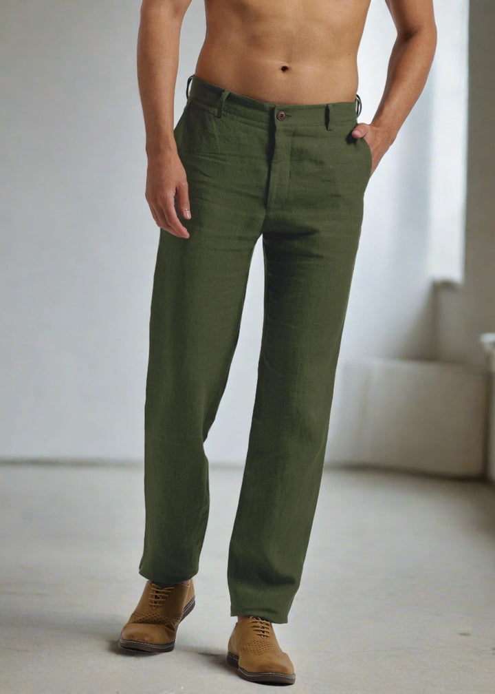 Ian Pure Linen Trousers - Military Green