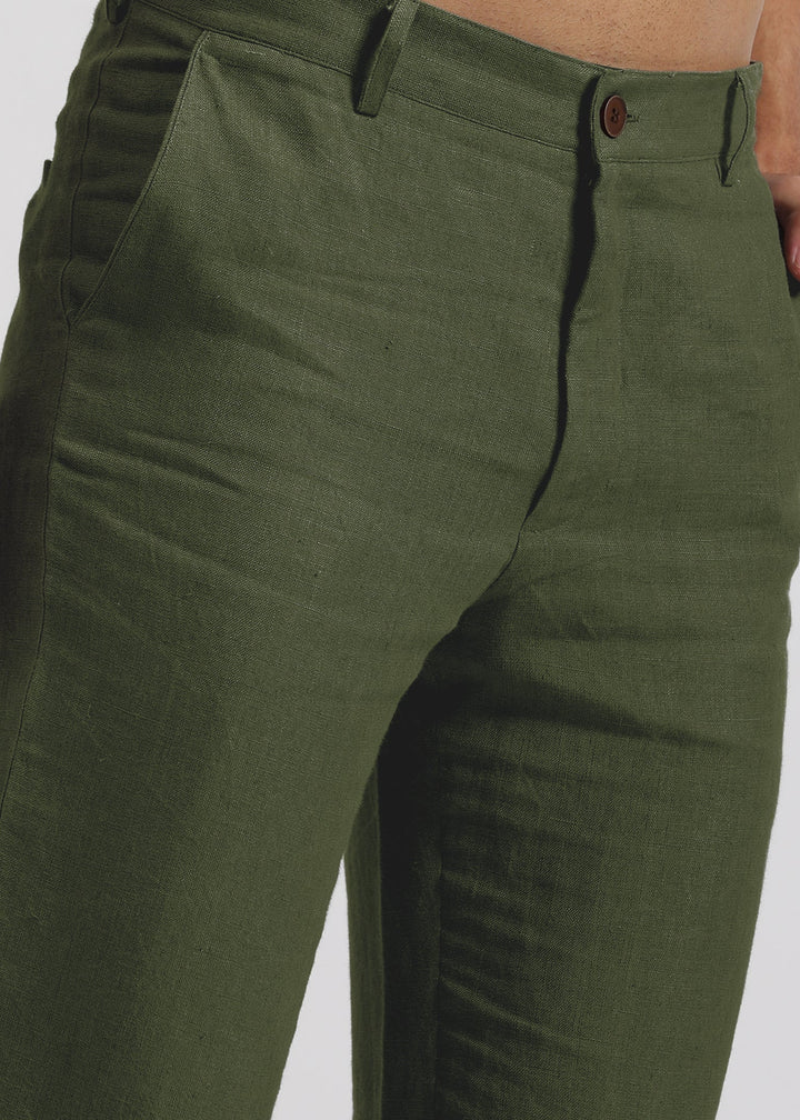 Ian Pure Linen Trousers - Military Green