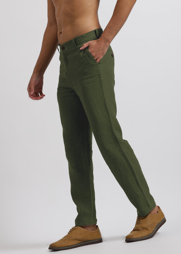 Ian Pure Linen Trousers - Military Green