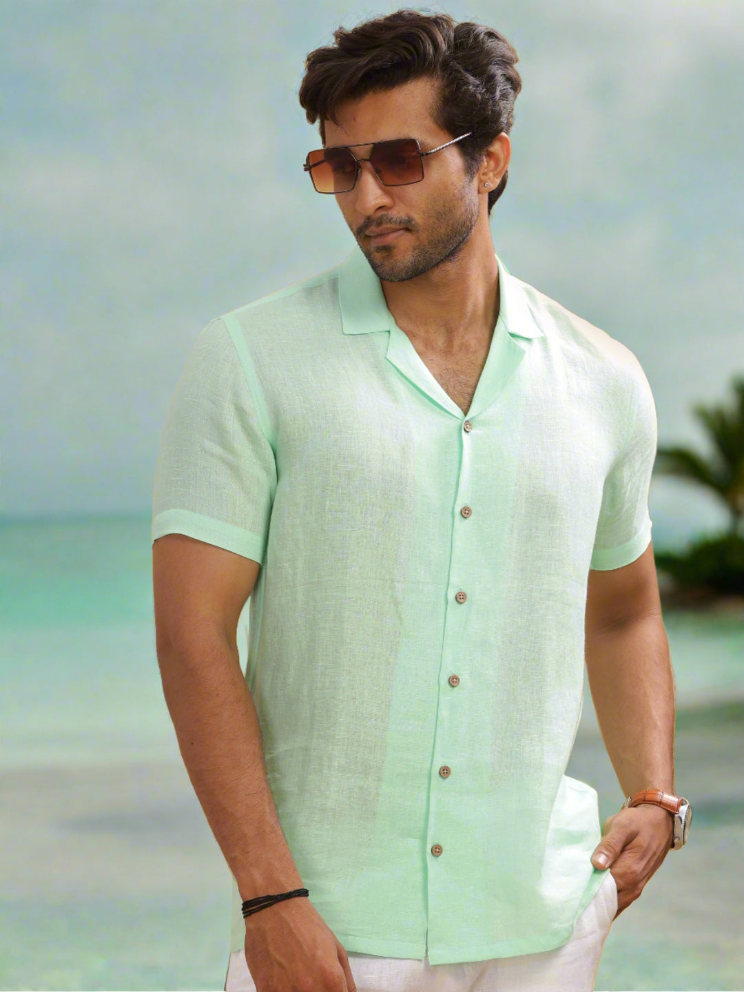 Nathan - Cuban Collar Pure Linen Half Sleeve Shirt - Mint Green (Factory Rescue)