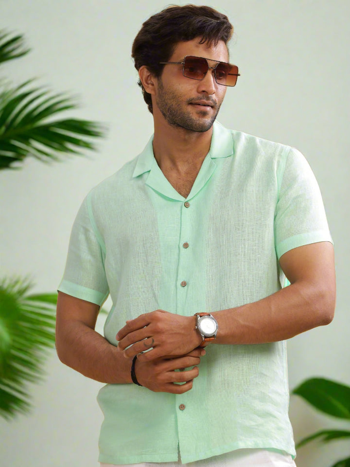 Nathan - Cuban Collar Pure Linen Half Sleeve Shirt - Mint Green (Factory Rescue)