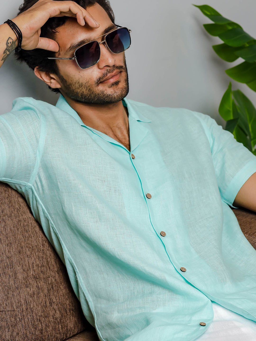 Nathan - Cuban Collar Pure Linen Half Sleeve Shirt - Cyan Blue (Factory Rescue)