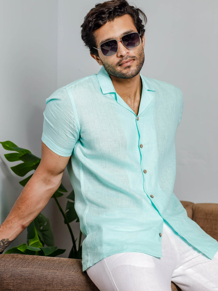 Nathan - Cuban Collar Pure Linen Half Sleeve Shirt - Cyan Blue (Factory Rescue)