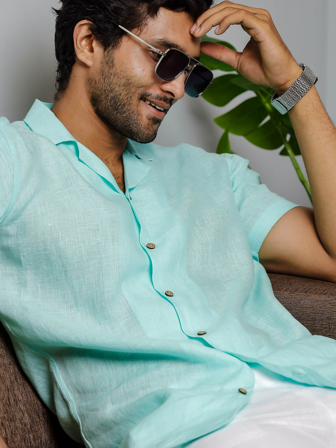 Nathan - Cuban Collar Pure Linen Half Sleeve Shirt - Cyan Blue (Factory Rescue)