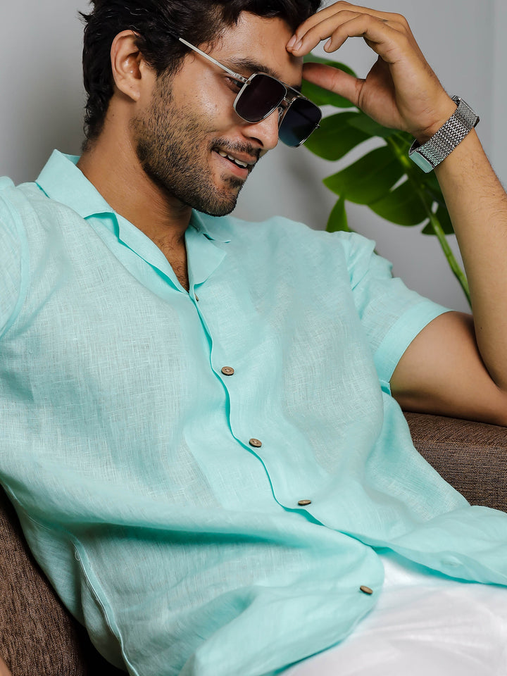 Nathan - Cuban Collar Pure Linen Half Sleeve Shirt - Cyan Blue (Factory Rescue)