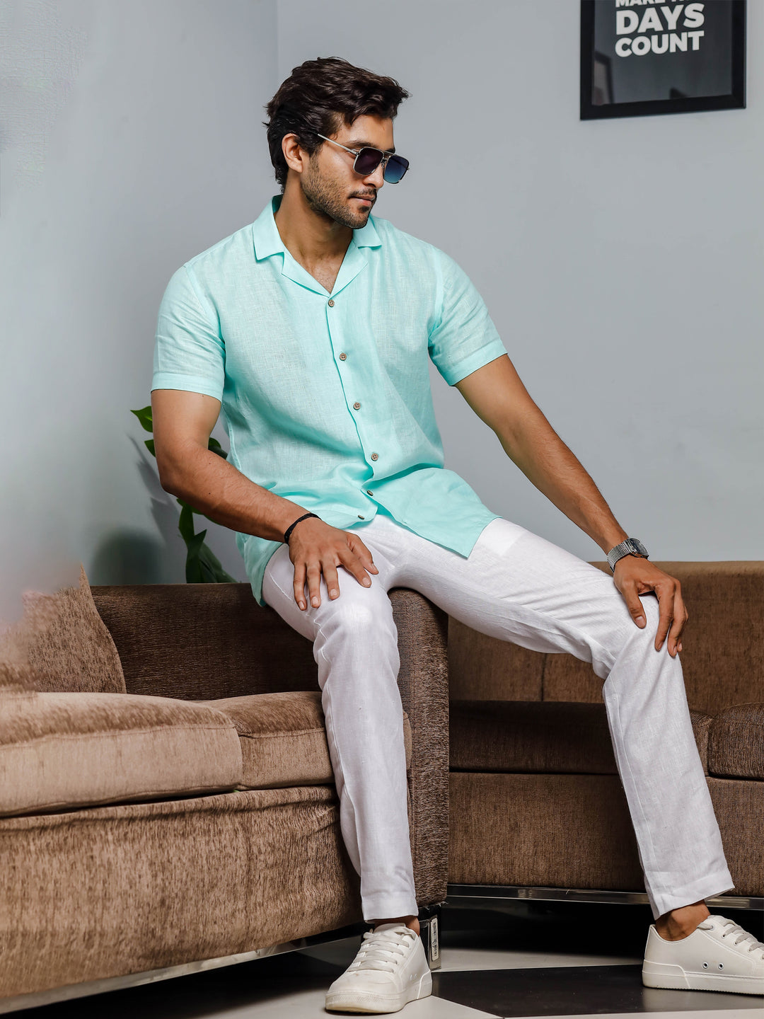 Nathan - Cuban Collar Pure Linen Half Sleeve Shirt - Cyan Blue (Factory Rescue)