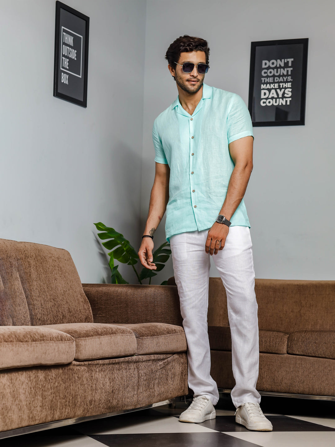 Nathan - Cuban Collar Pure Linen Half Sleeve Shirt - Cyan Blue (Factory Rescue)