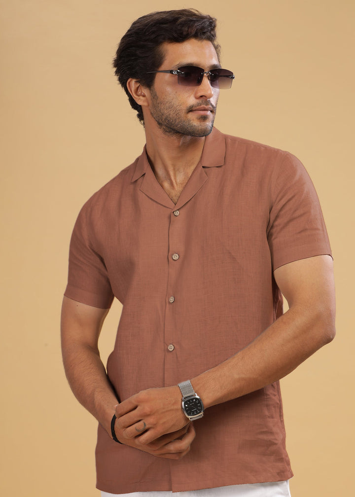 Nathan - Cuban Collar Pure Linen Half Sleeve Shirt -Fondue Pink