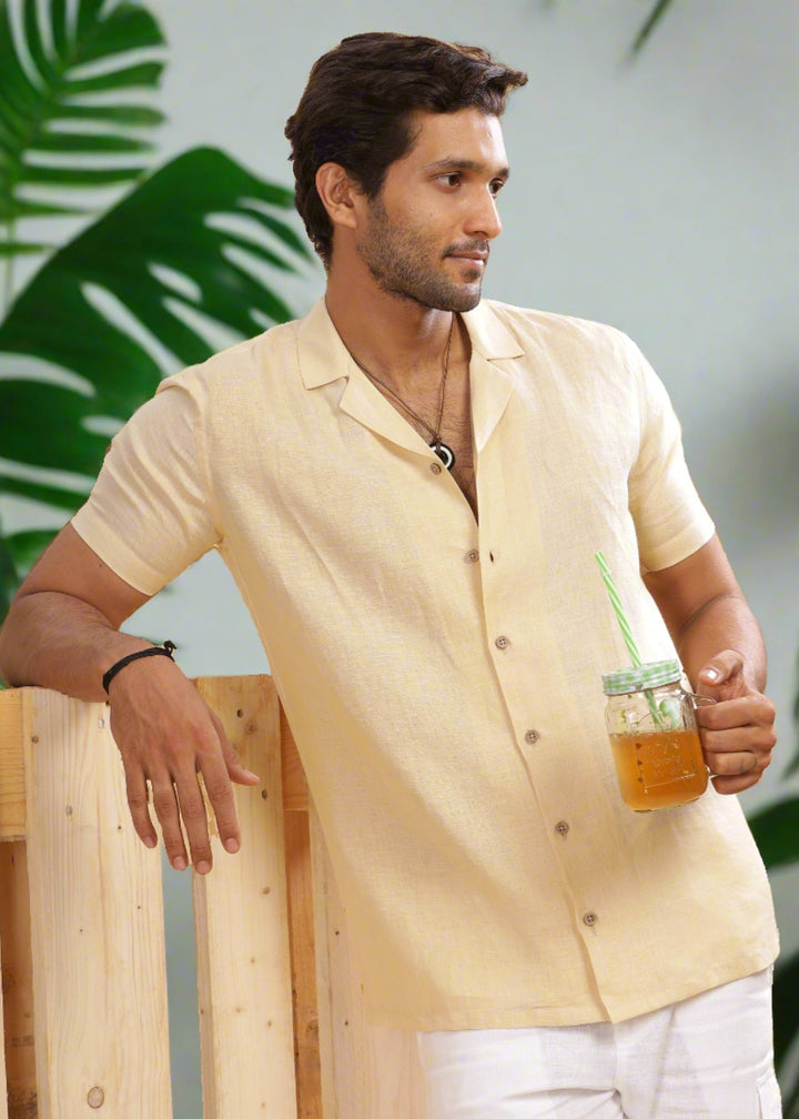 Nathan - Cuban Collar Pure Linen Half Sleeve Shirt -Light Tea Yellow