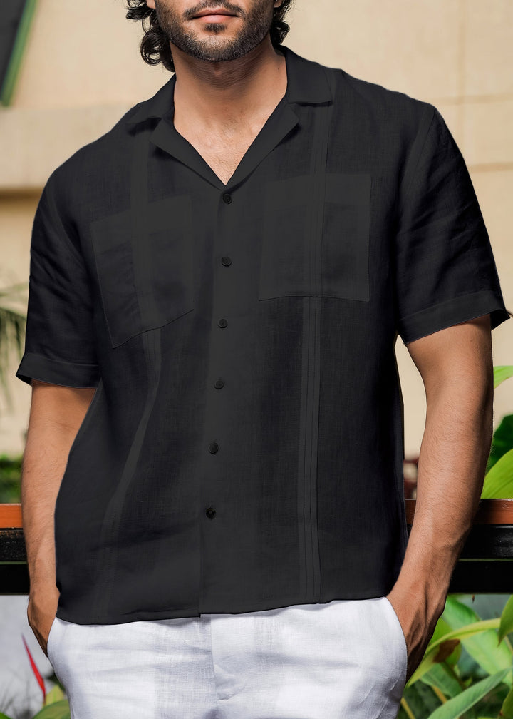 Oversized Pure Linen Cuban Collar Short Sleeve Shirt - Black