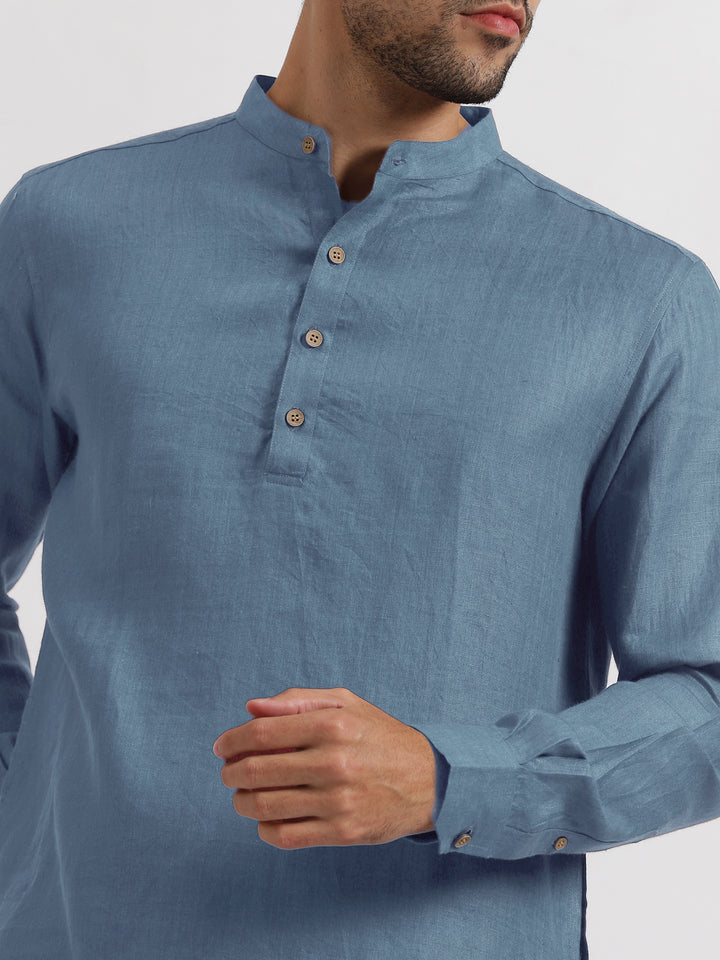 Parker - Full Sleeve Mandarin Collar Pure Linen Short Kurta - Blue Grey