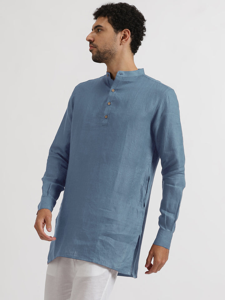 Parker - Full Sleeve Mandarin Collar Pure Linen Short Kurta - Blue Grey