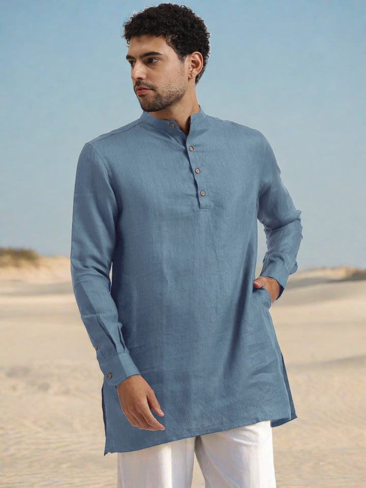 Parker - Full Sleeve Mandarin Collar Pure Linen Short Kurta - Blue Grey