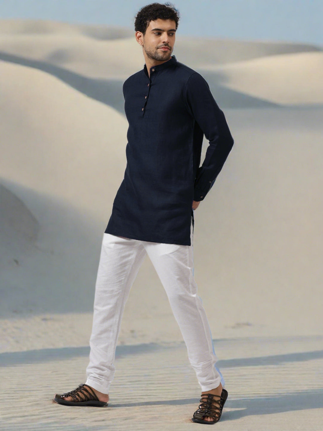 Kurta Sets - Parker Pure Linen Short Kurta | Dark Blue