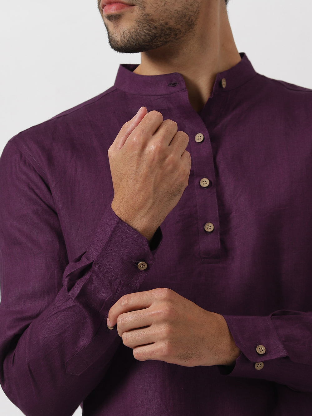 Parker - Full Sleeve Mandarin Collar Pure Linen Short Kurta - Dark Purple