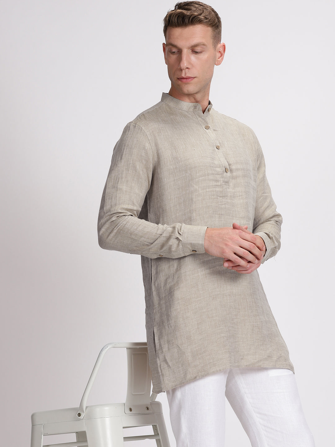 Kurta Sets - Parker Pure Linen Short Kurta | Ecru