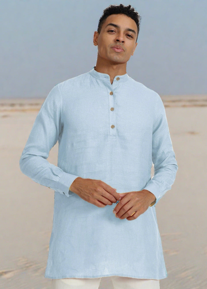 Parker - Full Sleeve Mandarin Collar Pure Linen Short Kurta - Sky Blue