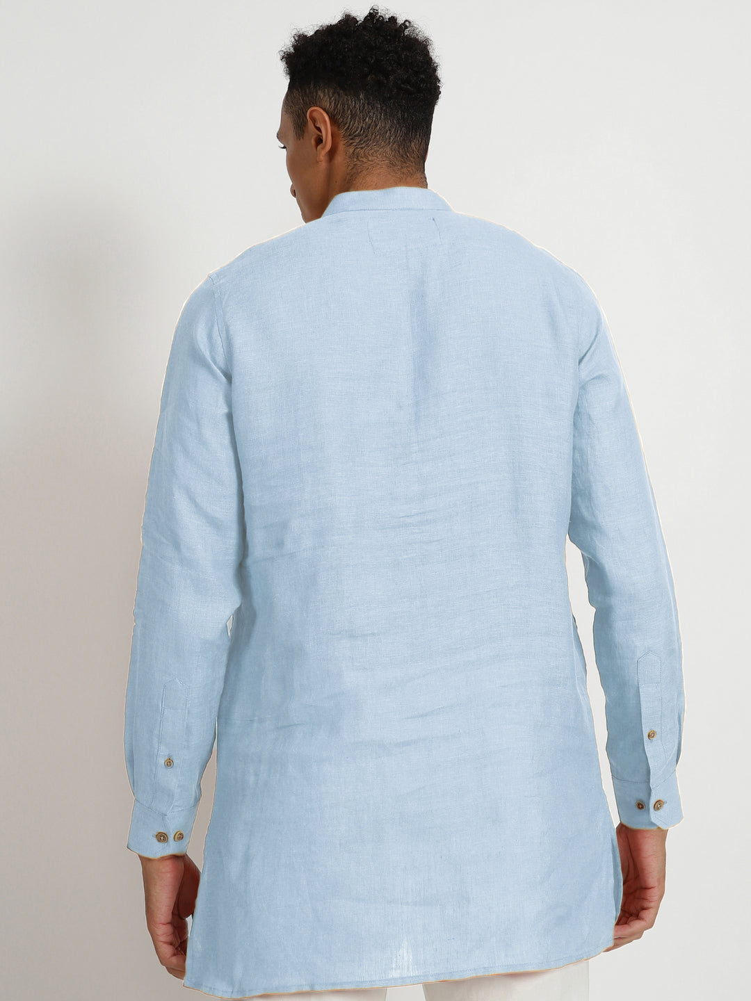 Parker - Full Sleeve Mandarin Collar Pure Linen Short Kurta - Sky Blue