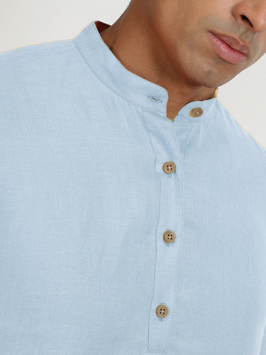 Parker - Full Sleeve Mandarin Collar Pure Linen Short Kurta - Sky Blue