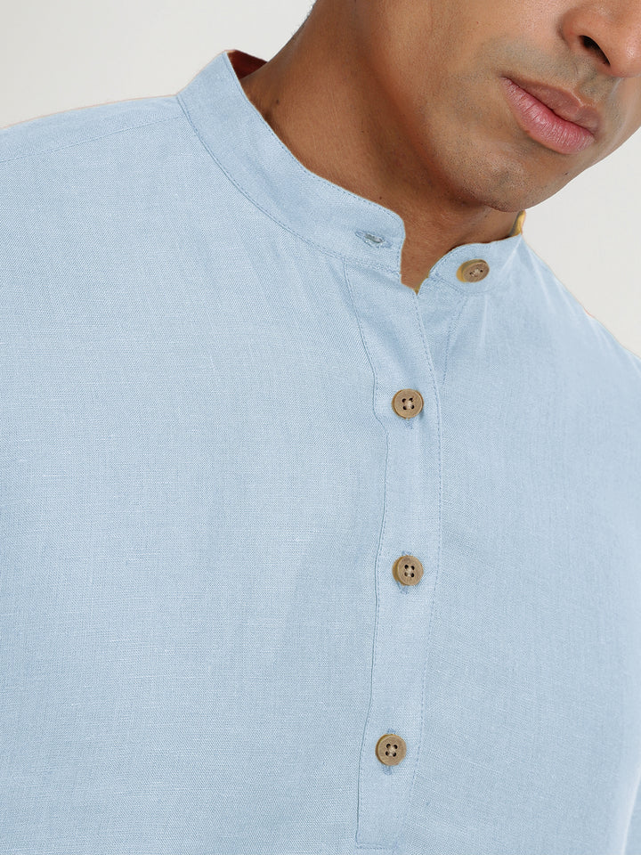 Parker - Full Sleeve Mandarin Collar Pure Linen Short Kurta - Sky Blue