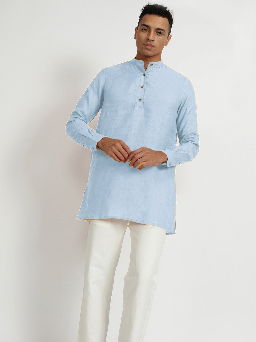 Parker - Full Sleeve Mandarin Collar Pure Linen Short Kurta - Sky Blue