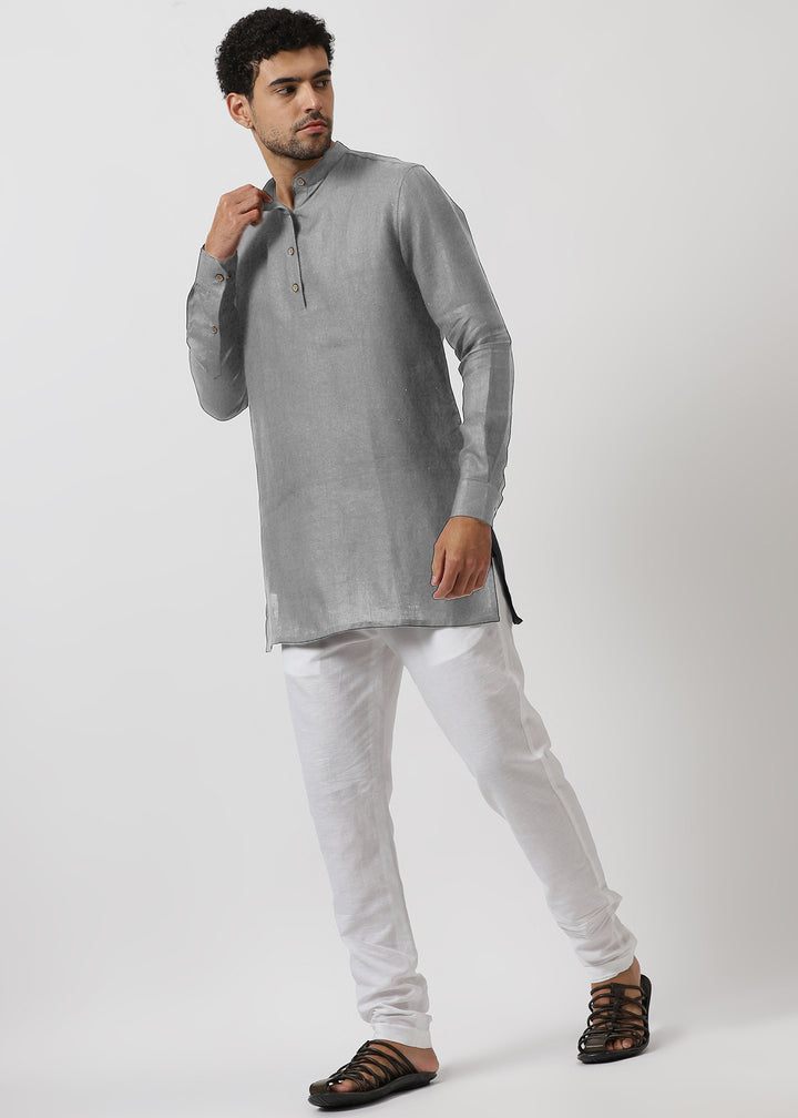 Parker 100% Pure Linen Full Sleeve Kurta in Slate Gray with Mandarin Collar crafted in 60 LEA with White Linen Pants