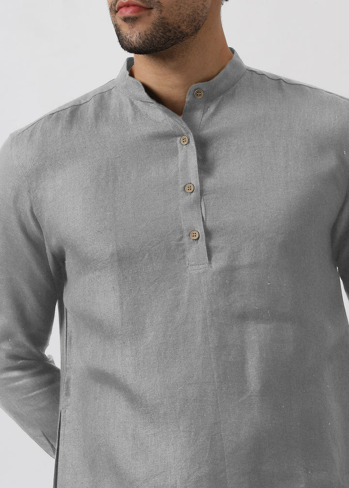 Parker 100% Pure Linen Full Sleeve Kurta in Slate Gray with Mandarin Collar crafted in 60 LEA with White Linen Pants