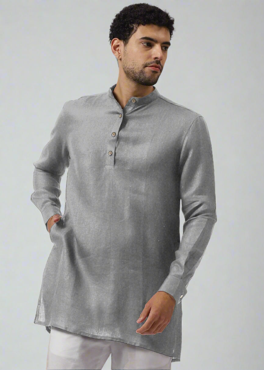 Parker 100% Pure Linen Full Sleeve Kurta in Slate Gray with Mandarin Collar crafted in 60 LEA with White Linen Pants
