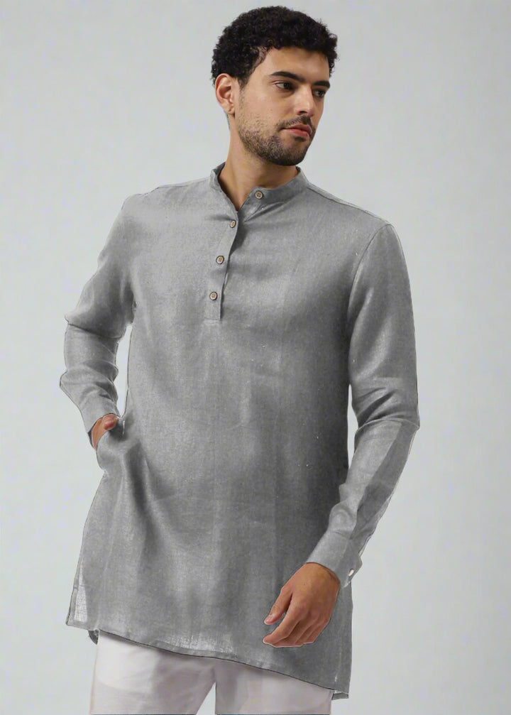 Parker 100% Pure Linen Full Sleeve Kurta in Slate Gray with Mandarin Collar crafted in 60 LEA with White Linen Pants