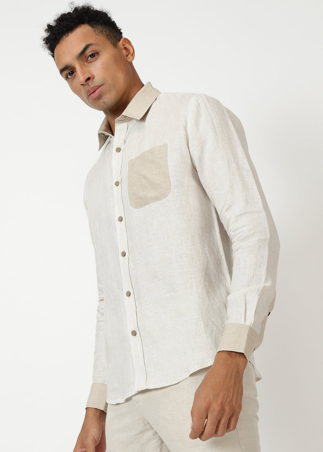 Pascal- Pure Linen Colour Block Full Sleeve Shirt - Ecru
