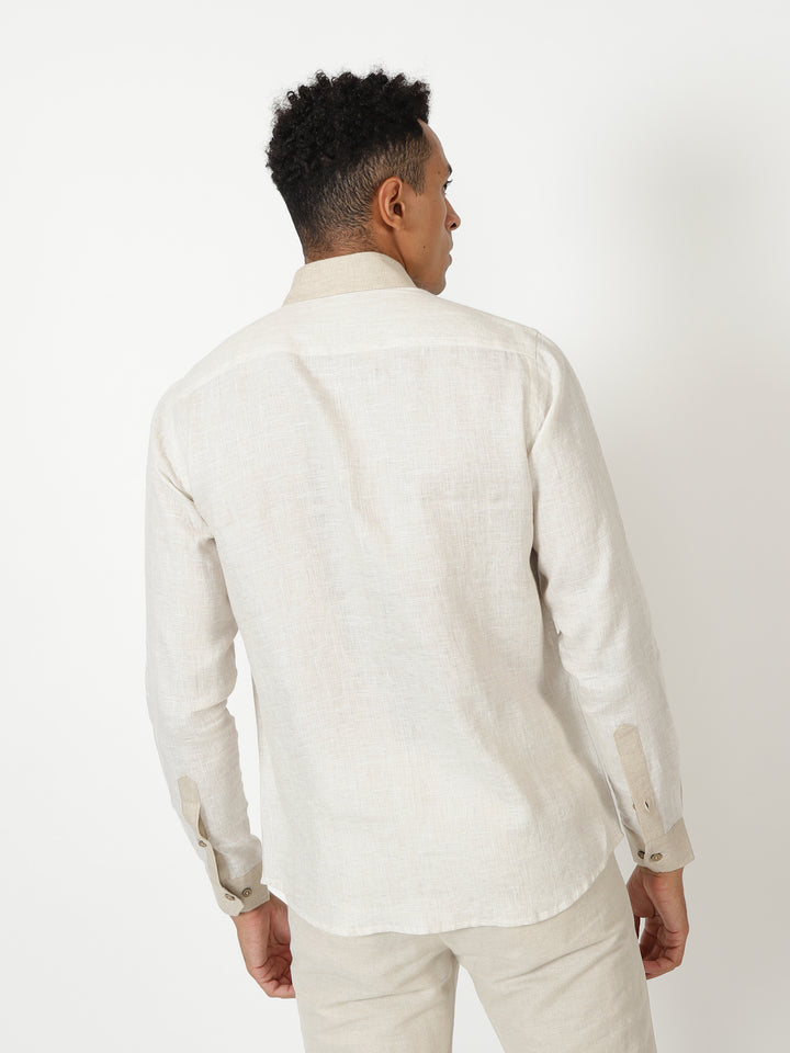 Pascal- Pure Linen Colour Block Full Sleeve Shirt - Ecru