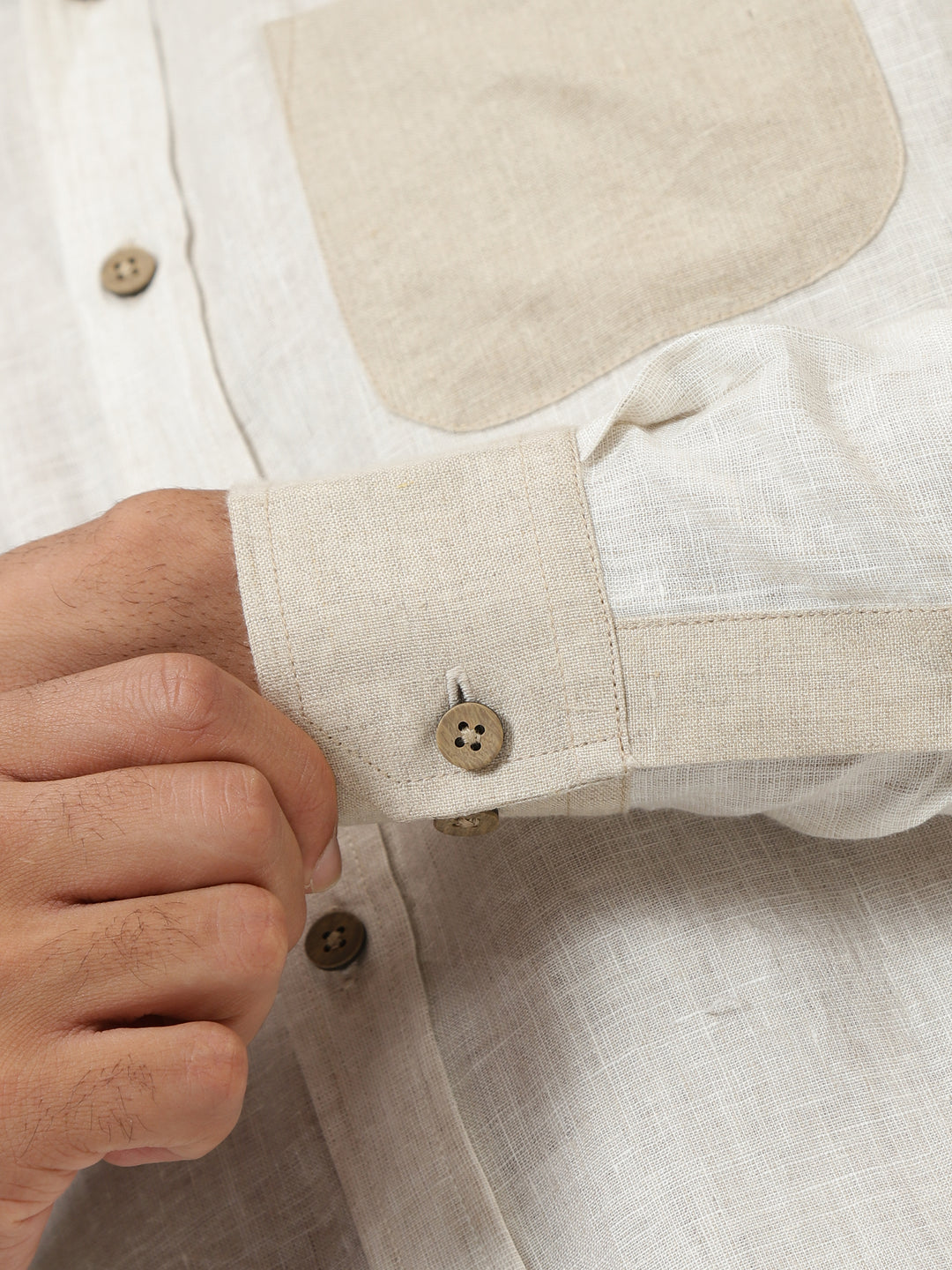 Pascal- Pure Linen Colour Block Full Sleeve Shirt - Ecru