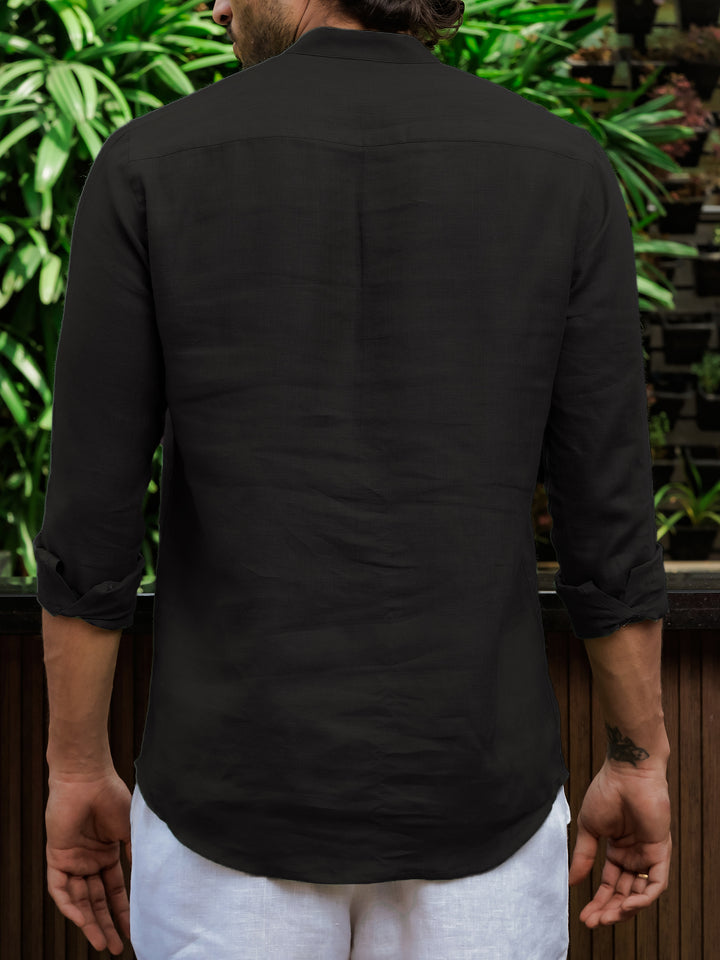 Quinn Half Placket Pure Linen Full Sleeve Shirt - Black