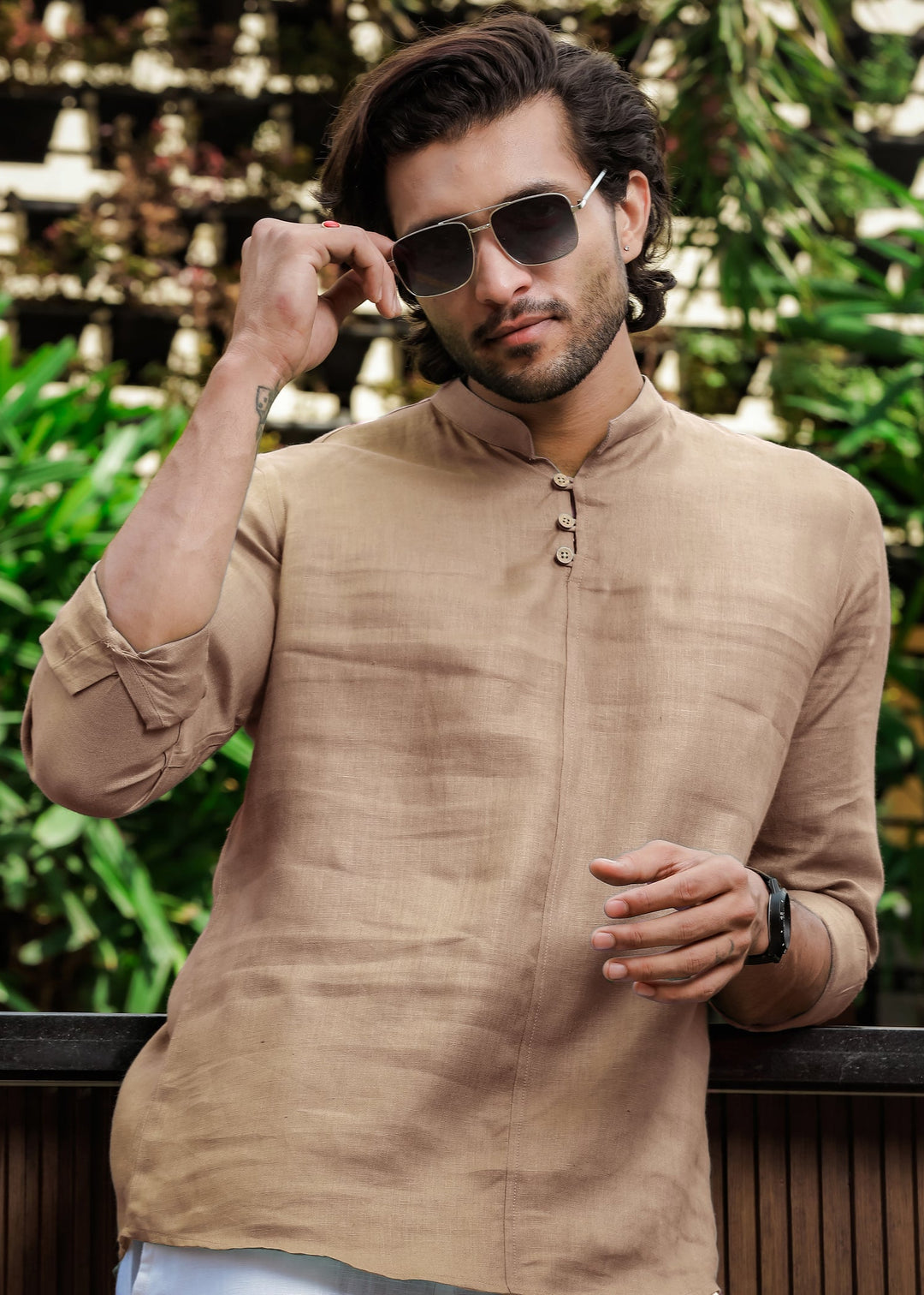 Quinn Half Placket Pure Linen Full Sleeve Shirt - Mocha