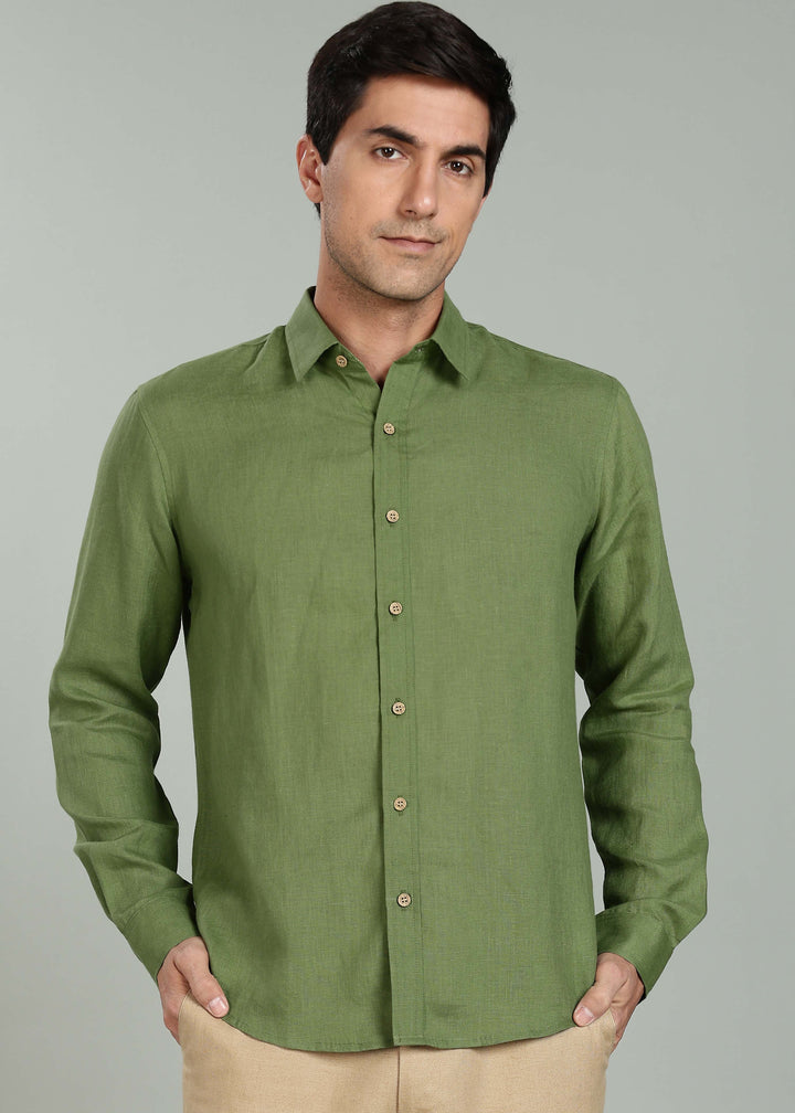Ron - Pure Linen Full Sleeve Shirt - Cossack Green