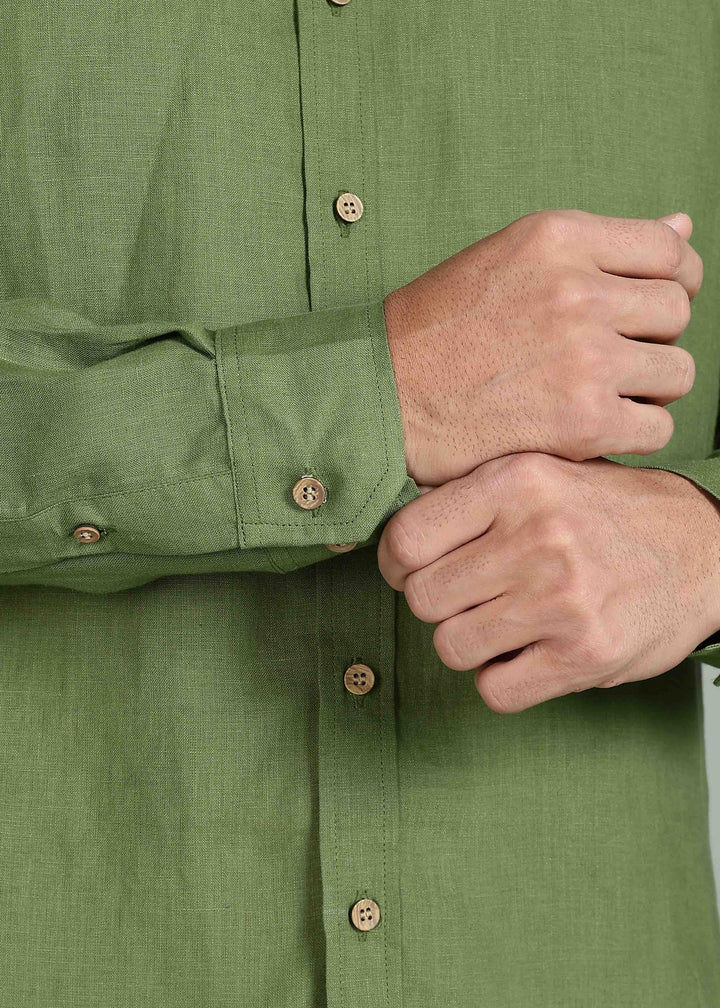 Ron - Pure Linen Full Sleeve Shirt - Cossack Green
