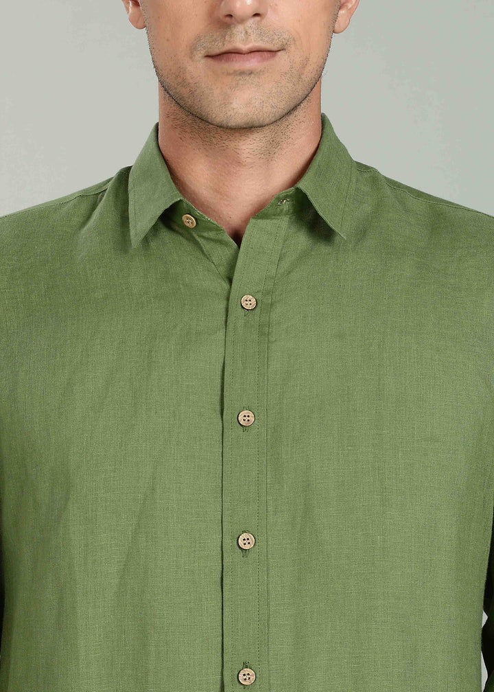 Ron - Pure Linen Full Sleeve Shirt - Cossack Green