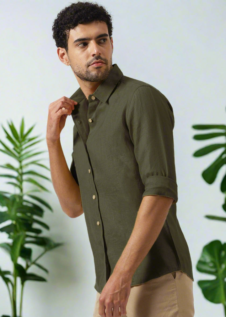 Ron - Pure Linen Full Sleeve Shirt - Moss Green