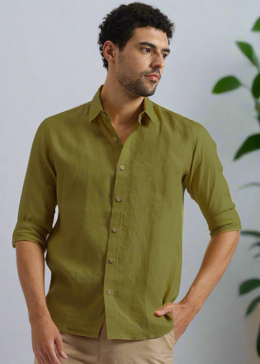 Ron - Pure Linen Full Sleeve Shirt - Sap Green