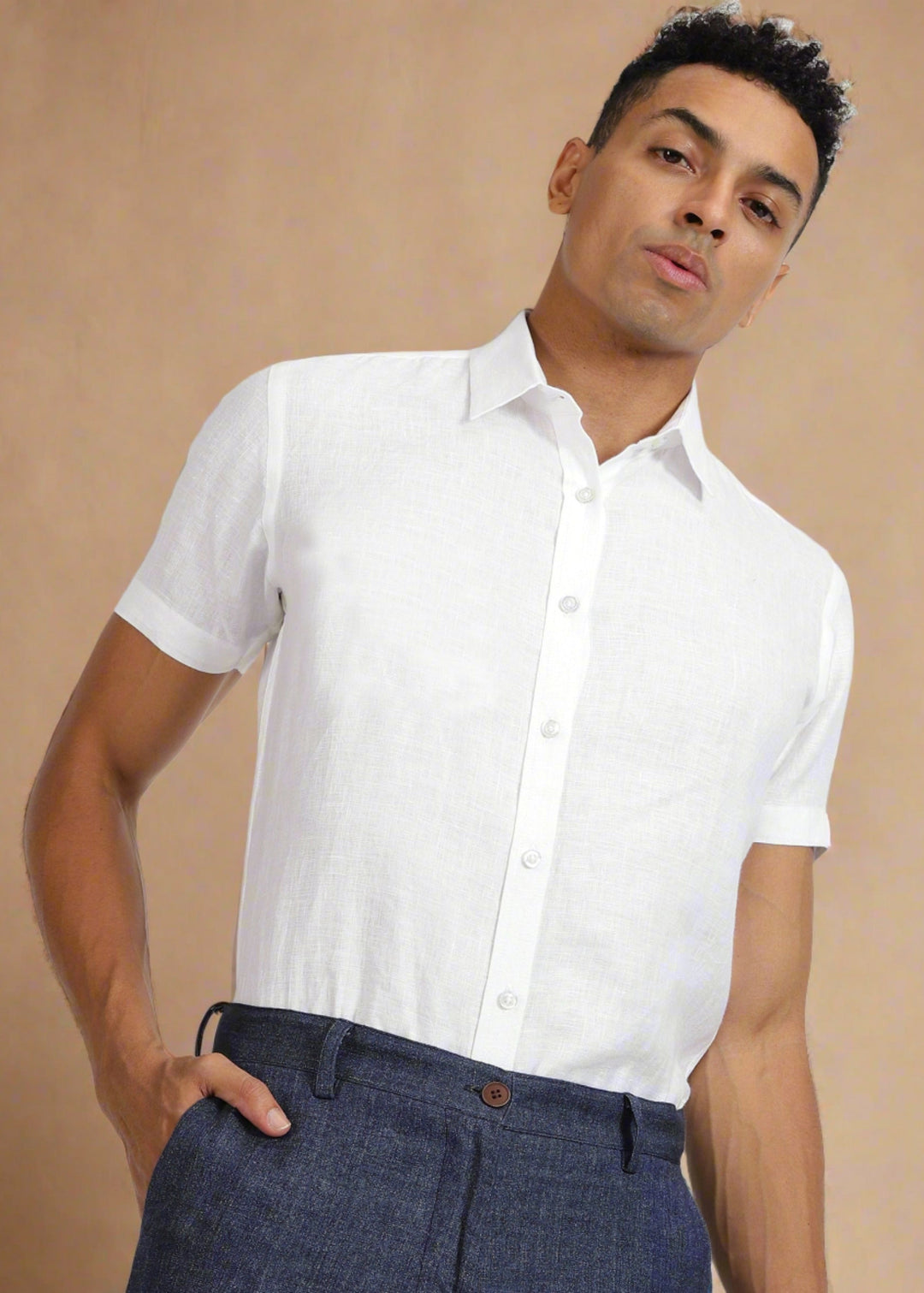 Ron - Pure Linen Half Sleeve Shirt - White (Factory Rescue)