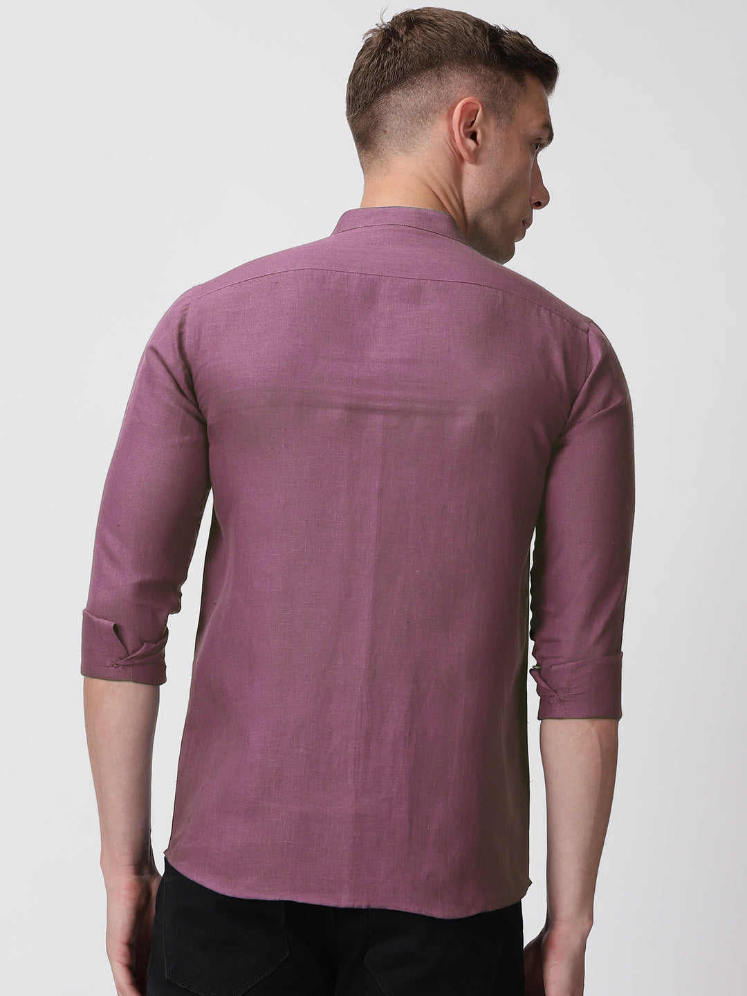 Ronan - Pure Linen Mandarin Collar Full Sleeve Shirt - Twilight Purple